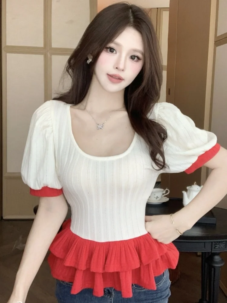 

Slim Fit Bubble Sleeve T-Shirt Women's Spring Summer Color Block Sweet Youthful Versatile Wooden Hem City Walk Polyester...