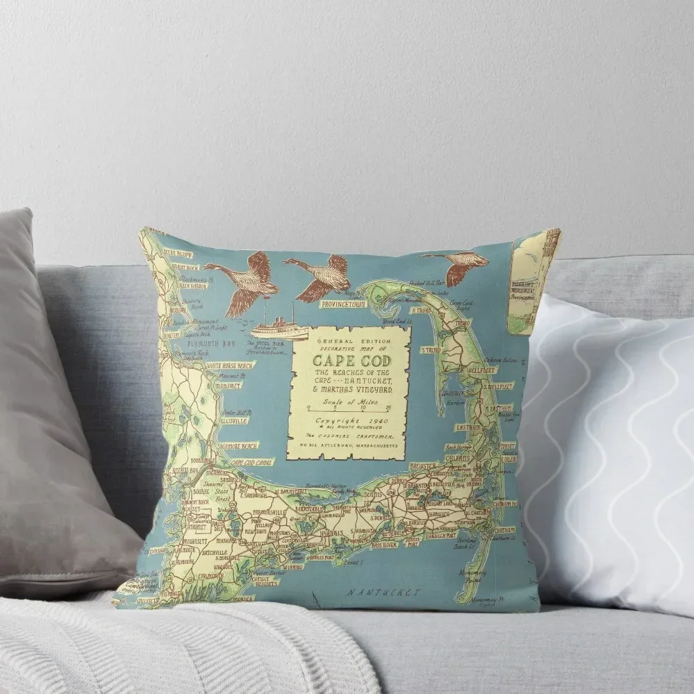 Vintage Map of Cape Cod (1940) Throw Pillow Cusions Cover pillow