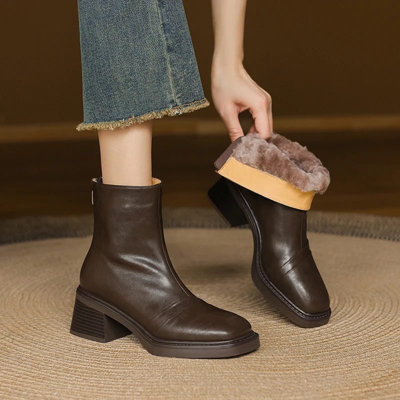 2026 new autumn winter women ankle boots natural leather plus size 22-25cm split leather+wool back zip thick heel short boots