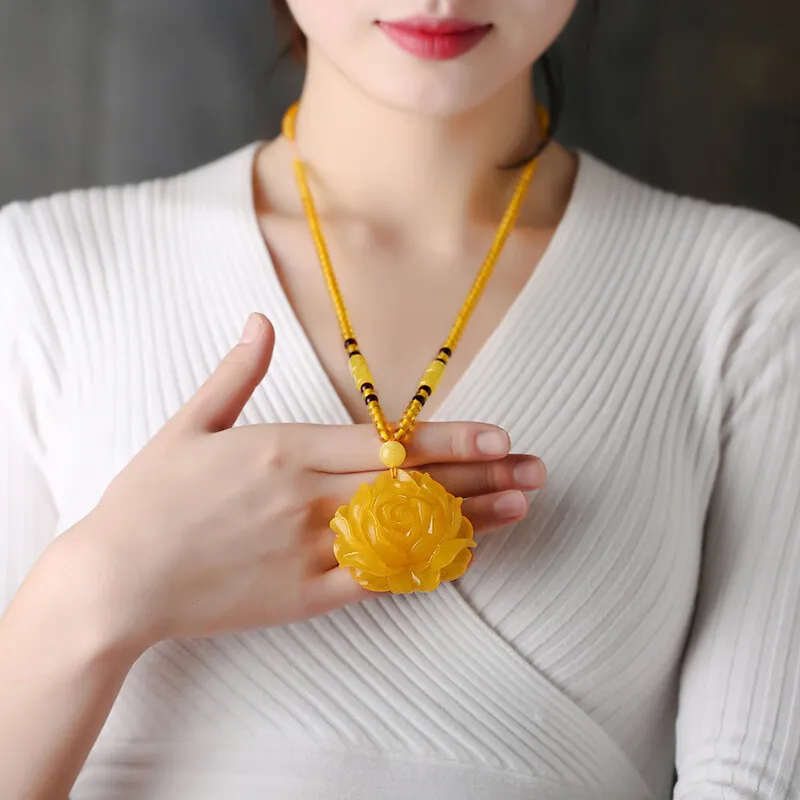 Beeswax Peony Pendant Chicken Oil Yellow Sweater Chain Rose Lotus Beeswax Amber