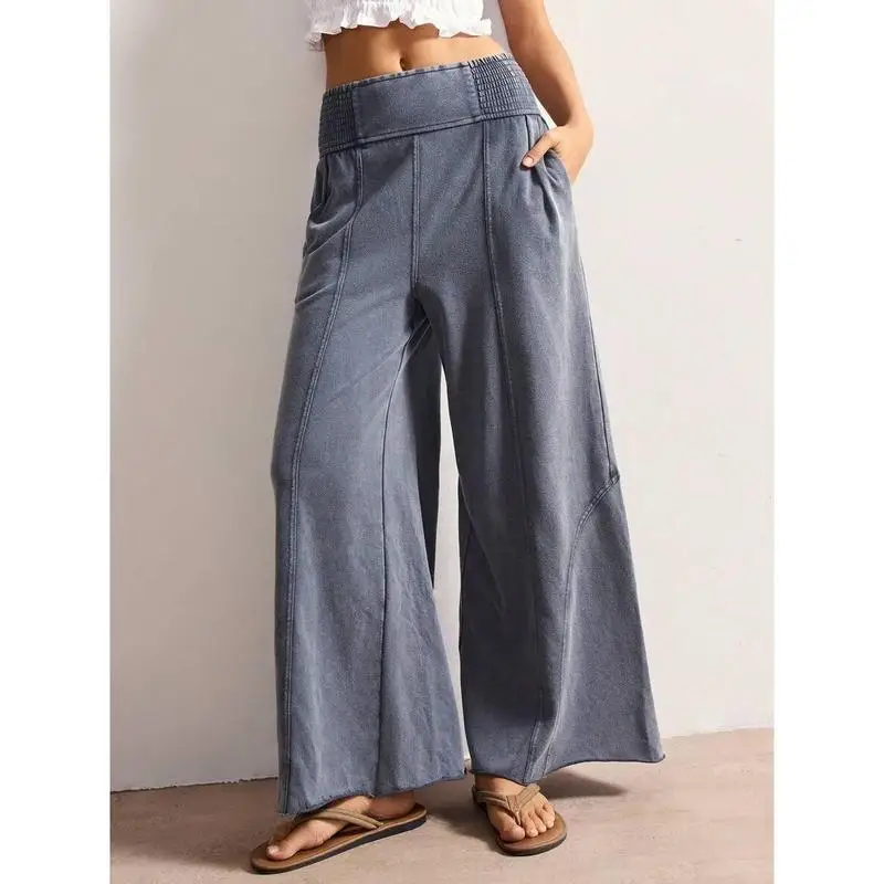 Women's Zip Waist Casual Pants Mid-Low Waist Denim Fabric Fishing Pants Other Materials 100% Cross-Border Long Trousers