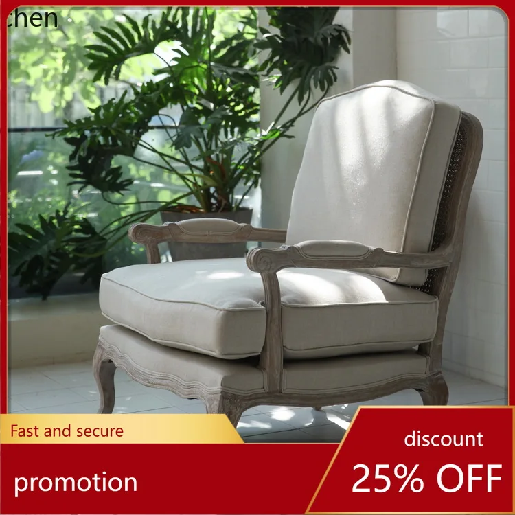 

ZML Country Style Rattan Back Rattan Woven Fabric Single Seat Sofa with Solid Wood