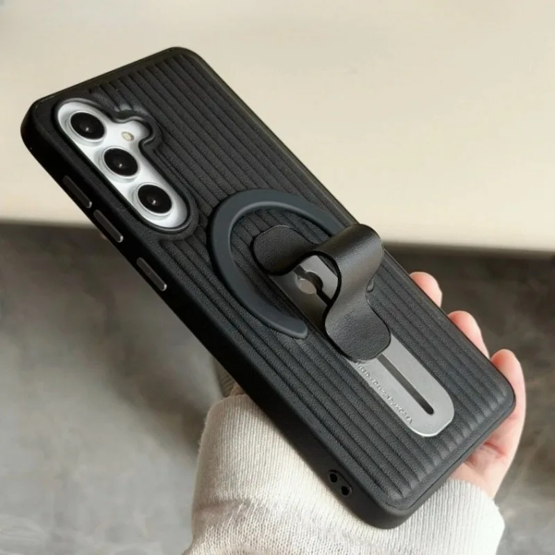 

Adjustable Ring Holder Leather Magnetic Case For Samsung Galaxy S26 S25 S24 Ultra Plus S26+ Creativity Corrugated Stripe Cover