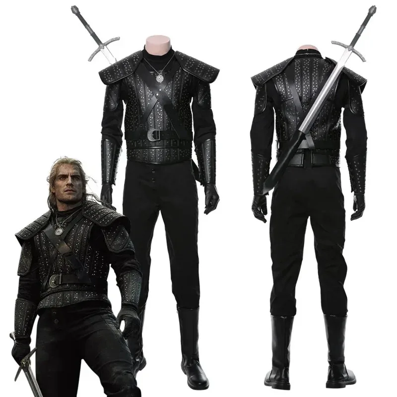 aa Bear House 002 Geralt of Rivia Cosplay Fantasia Costume Leather Jacket for Adult Man Uniform Top Pants Belt Outfit HaWAT99★★
