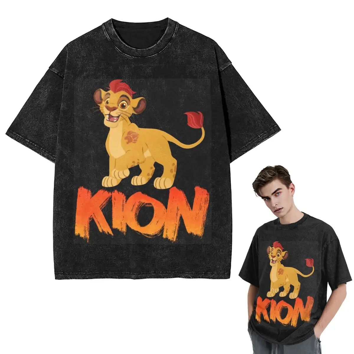 Streetwear T-Shirts Lion Guard Kion Washed T Shirt Short Sleeve Hip Hop T-Shirt Tops Tees for Men Women