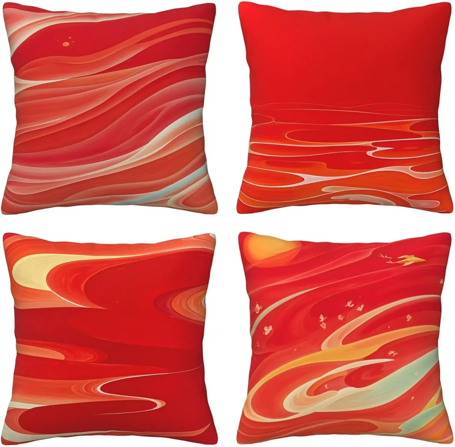 Red Abstract Art Pillow Covers – Dynamic Wave Design 4-Pack Cushion Covers for Indoor, Outdoor, Living Room, Sofa Décor