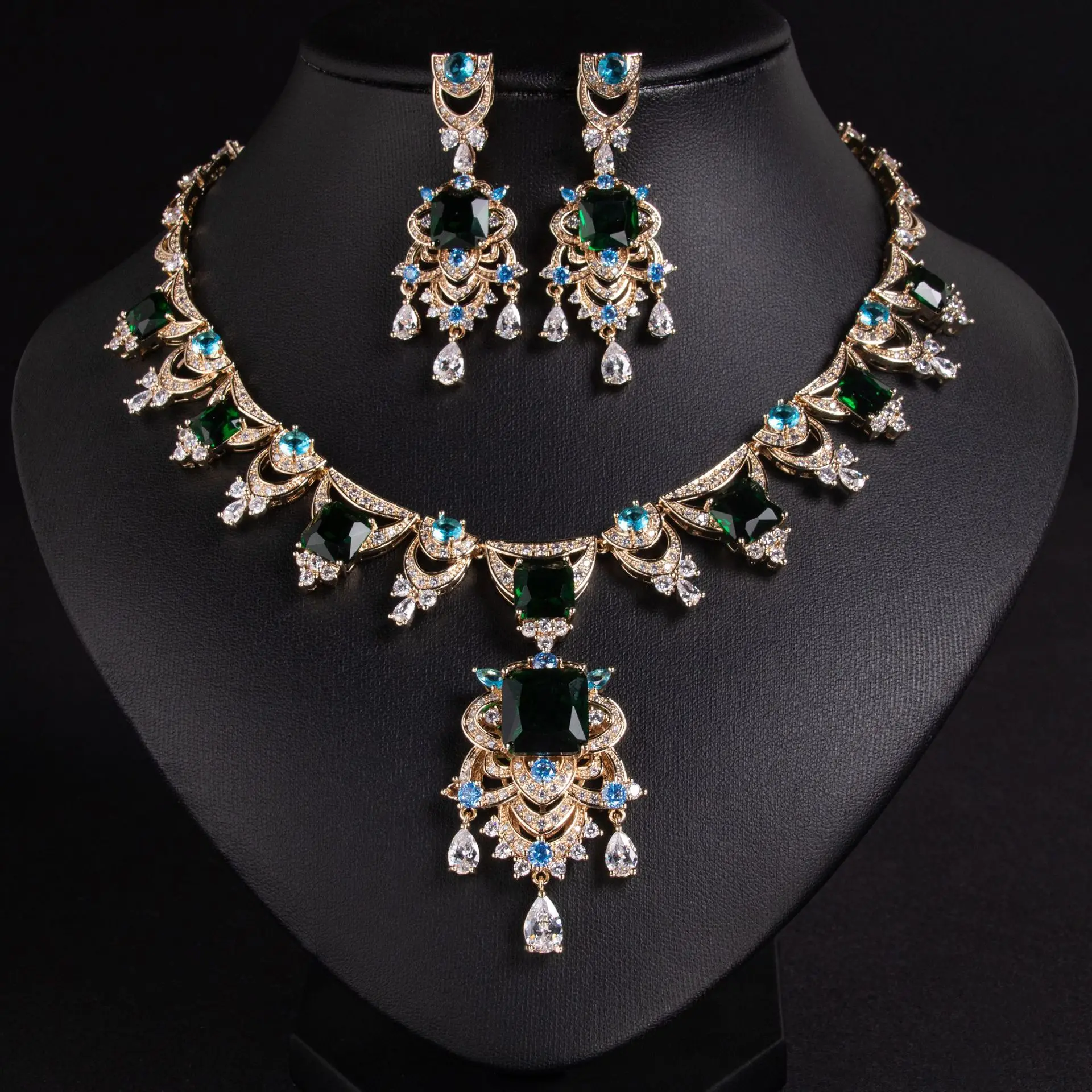 Nigeria Vivid Translucent Colourful Zirconia Jewellery Set Necklace Earrings Dress Women's Accessories Party Wedding Gift M-294