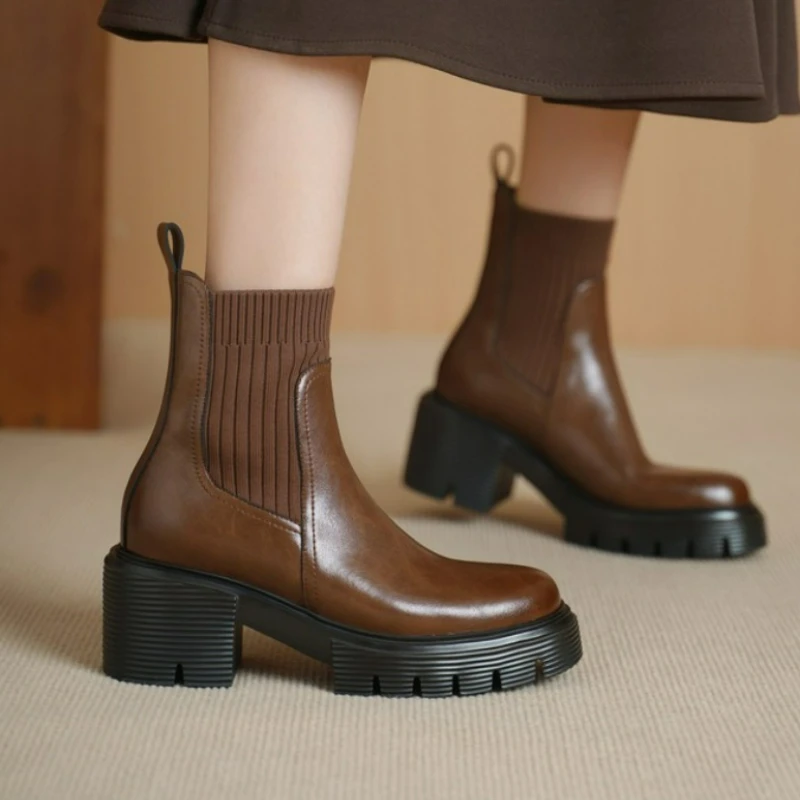 

Женские ботинки, женская обувь из натуральной кожи, туфли с круглым носком на массивном каблуке, ботинки челси без шнуровки, повседневная обувь, ботильоны DT006