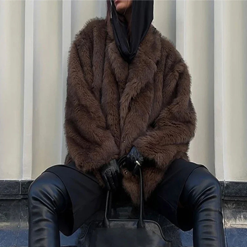 Short Faux-Fox Fur Coats Korea Lapel Casual Coffee Outwear Female Thick Warm Plush Overcoat Women Fluffy Jacket Winter Clothes