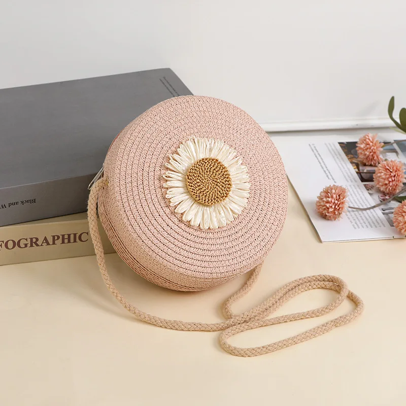 Travel Beach Straw Bags for Girl Summer Cute Flower Woven Crossbody Bags Mini Zipper Kids Princess Messenger Bags Photo Props image 4
