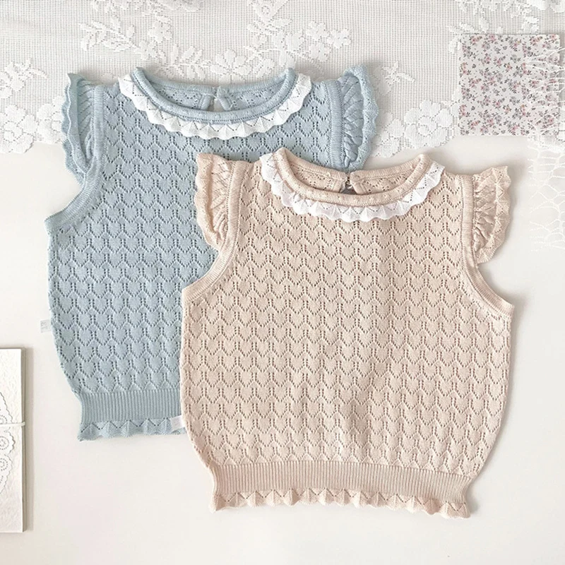 

0-5Yrs Kids Pullover Summer Baby Girls Thin Knitted Sweaters Flying Sleeve Korean Style Toddlers Children Pullovers Tops