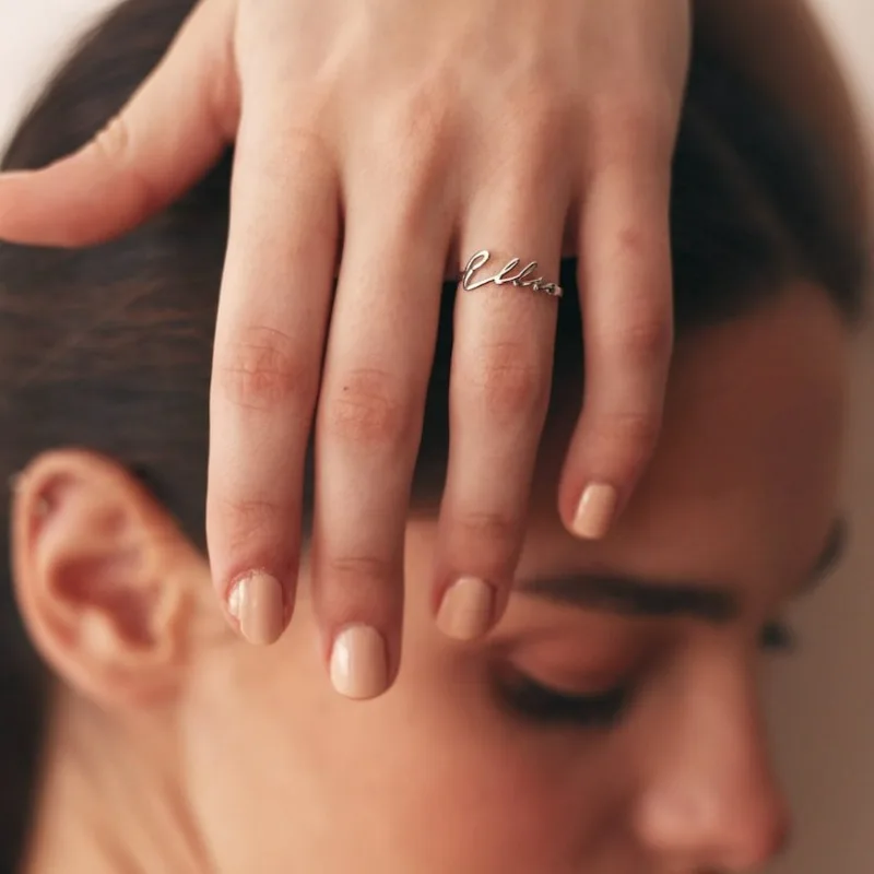 

Custom Name Ring Handwritten Cute Silver Ring Personalized Stainless Steel Stackable Dating Rings Personalised Women Gift