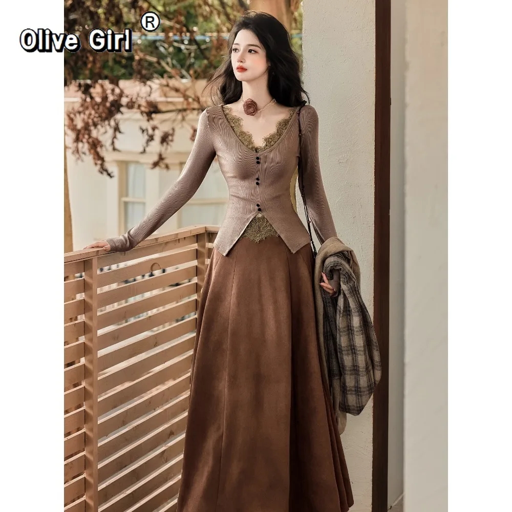 가을 겨울 한국 니트 탑 셔츠 블라우스 레이스 우아하고 섹시한 브라운 하프 스커트 여성 세트 투피스 세트