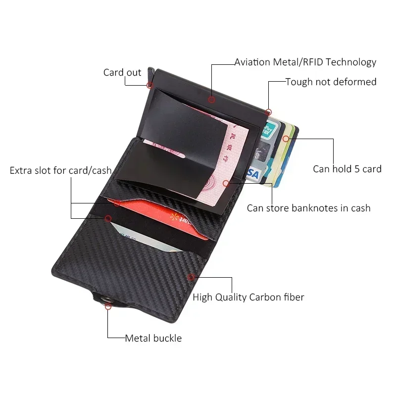 Carbon Fiber Rfid Wallet Male Money Card Holder Pocket Mini Slim Wallet Women Men Smart Purses Automatic Pop Up Valet Walet