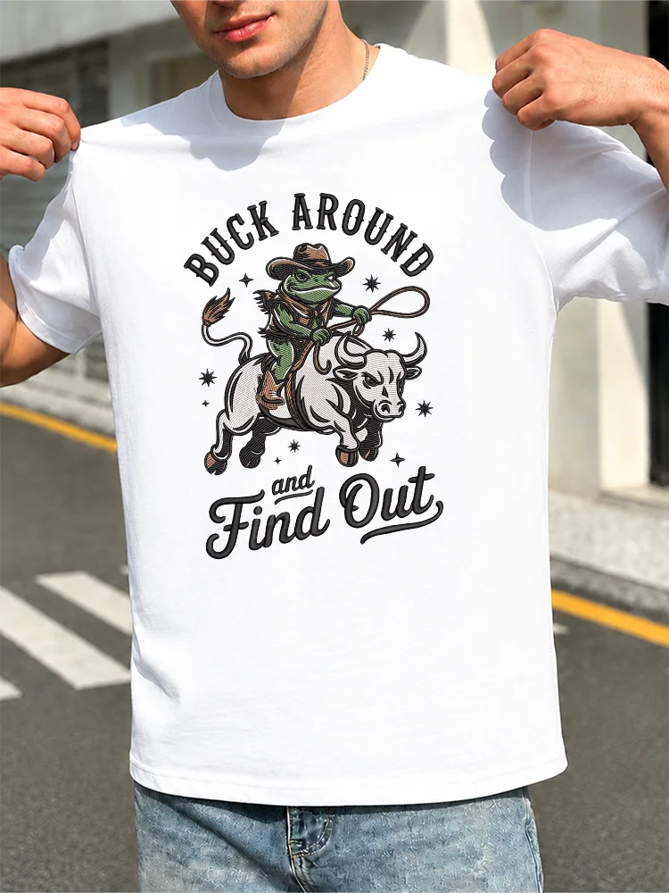 Men's 100% Cotton T-Shirt – Cartoon Cowboy Frog Riding a Bull (