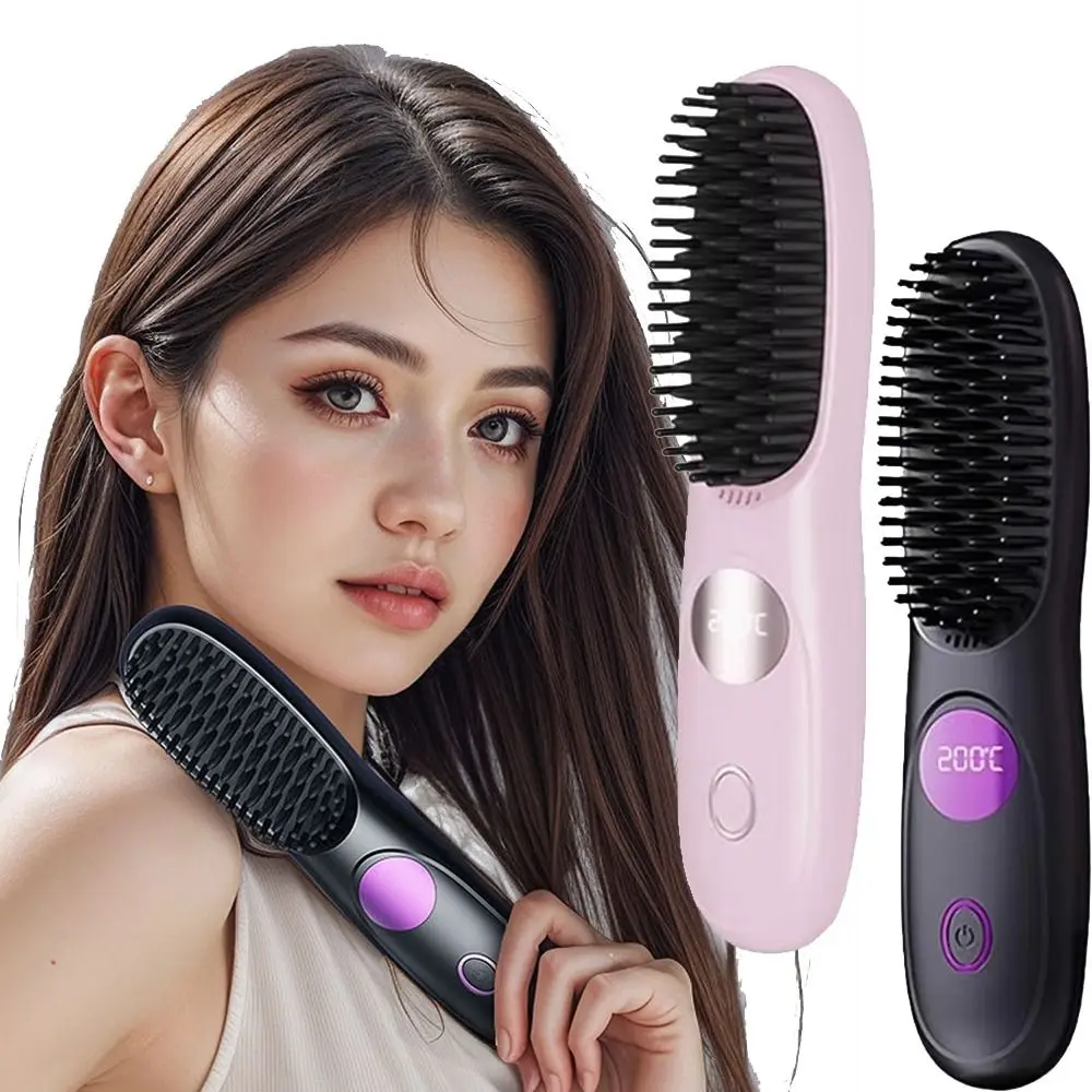 Adjustable Temperature Hair Straightener Brush Negative Ion USB Wireless Portable Hair Straightener Anti-Scald LCD Display