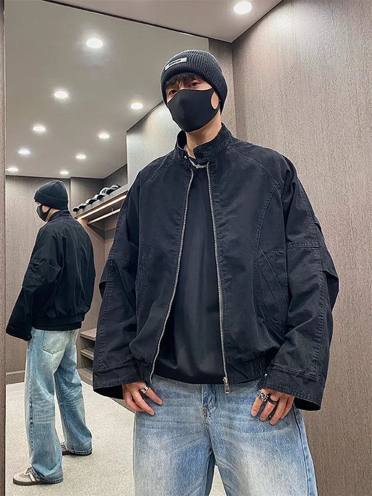 

Loose Fit Long Sve Workwear Jaet Men's Spring New Sle American Retro Cool Pure Color Splicing Pleated Outerwear