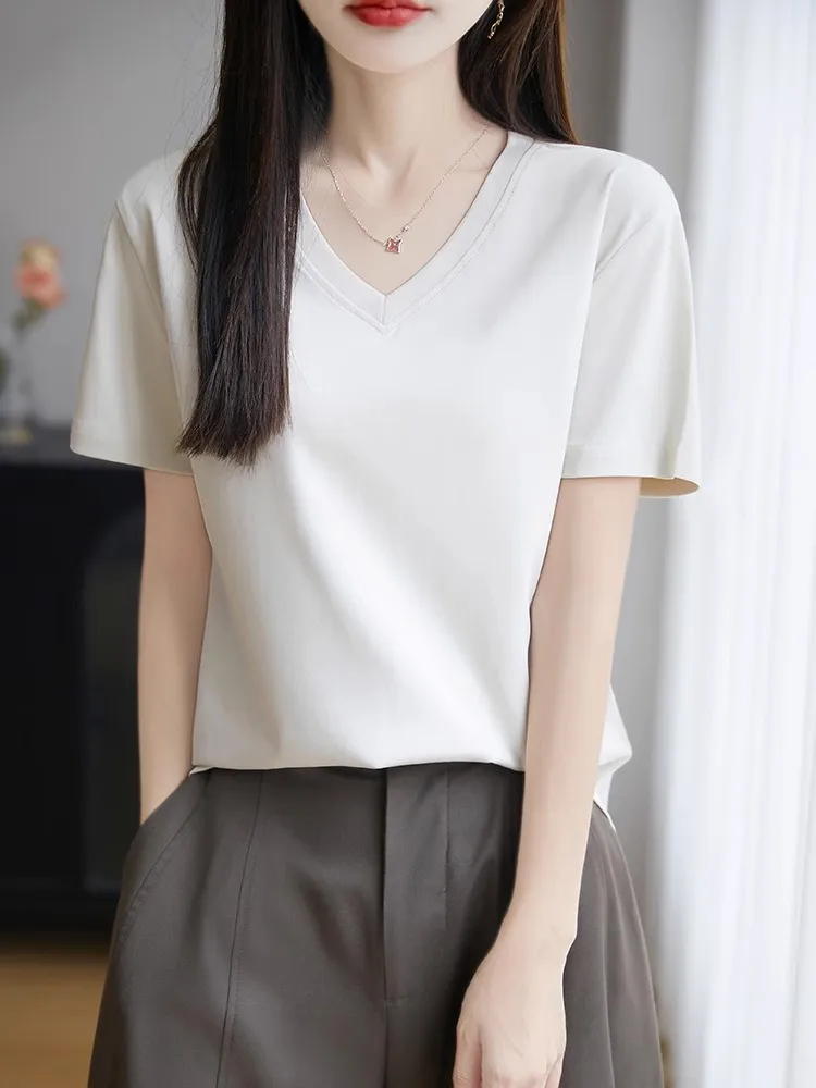 Czysta bawełna, dzianina w kształcie litery V, luźna koszulka damska na lato, oddychająca, wyszczuplająca, przeciwstarzeniowa, koszulka bazowa z odkrytymi ramionami...