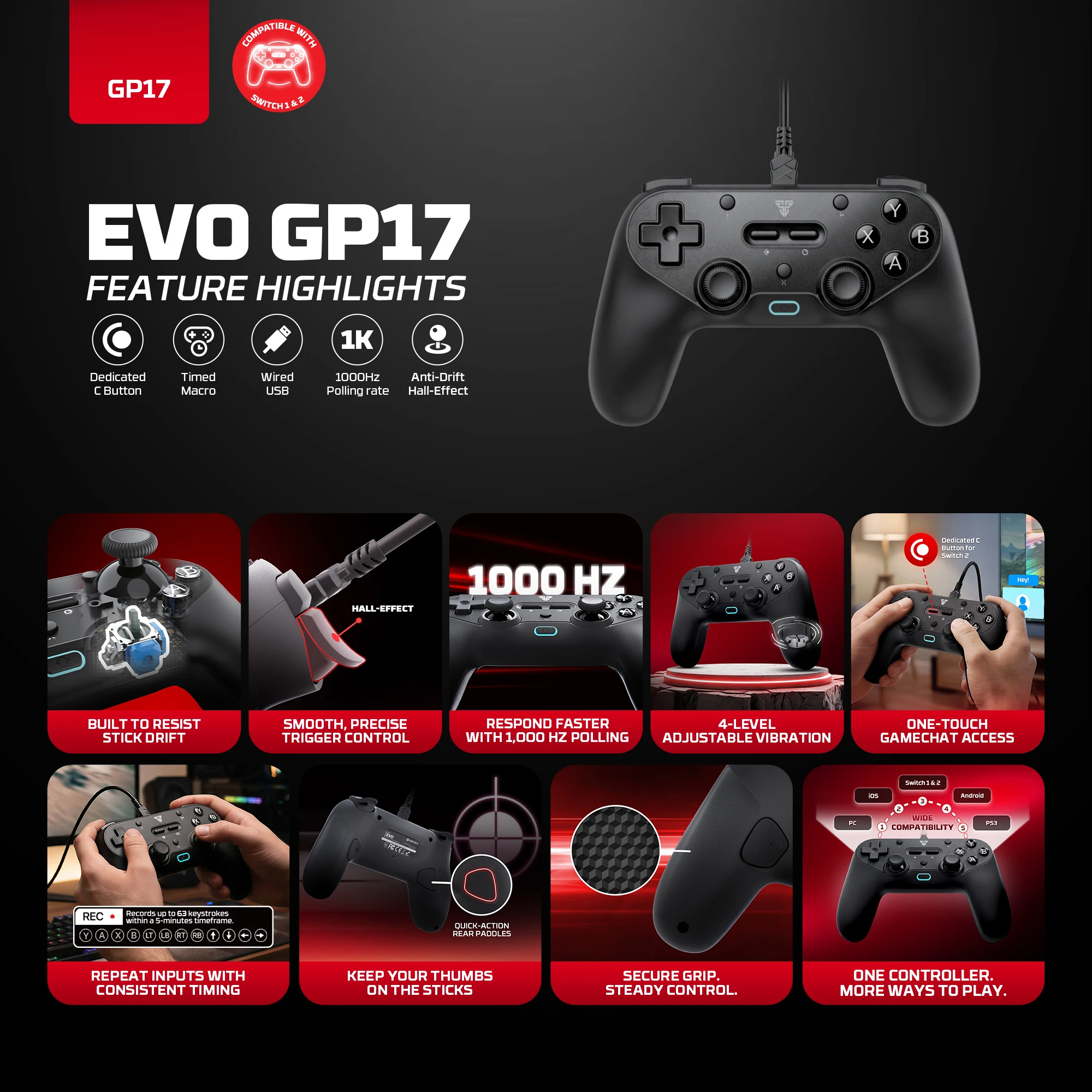 FANTECH EVO GP17 Multi - Platform Gamepad Timed Macro and 1000Hz Polling Hall - Effect Sticks and Triggers Wired Gaming Gamepad