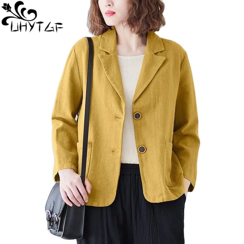 

UHYTGF Vintage Cotton Linen Short Jacket Women's Long Sleeve Pocket Spring Summer Blazer Coat Female Casual Thin Top Ladies 2611