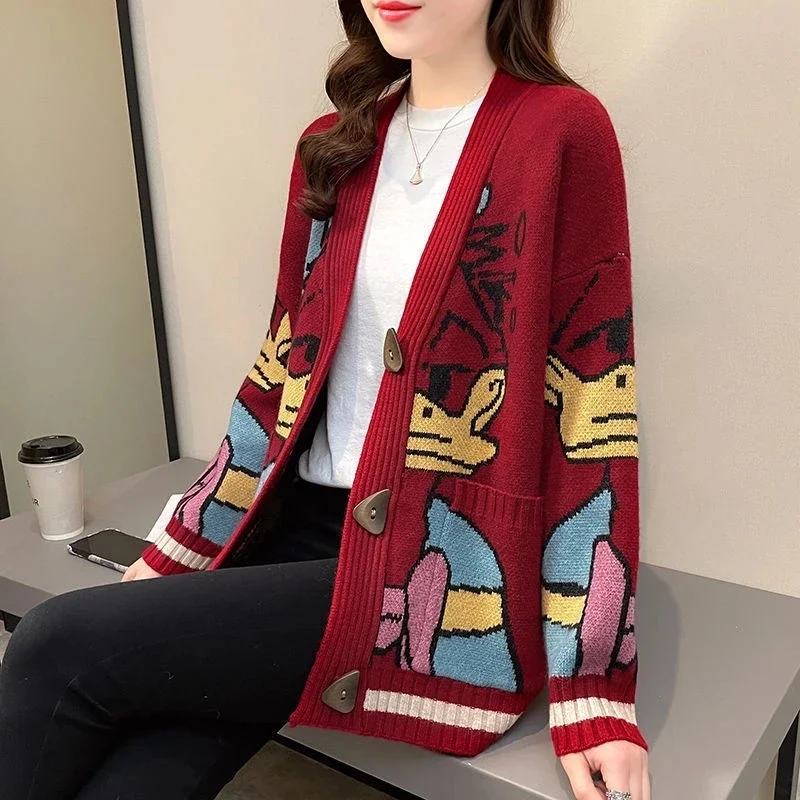 Disney cartoon Donald Duck jacquard knitted cardigan jacket sweater women new spring and autumn Korean version loose lazy style