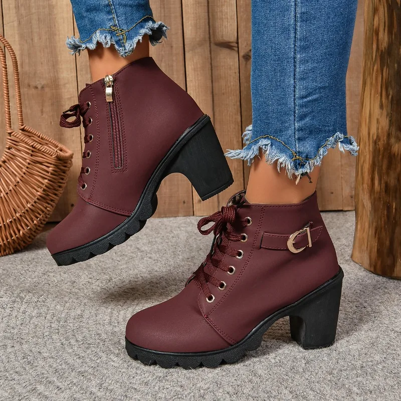 2024Women Shoes Women Fashion High Heel Lace Up Ankle Boots Ladies Buckle Platform Artificial Leather Shoes Bota Feminina