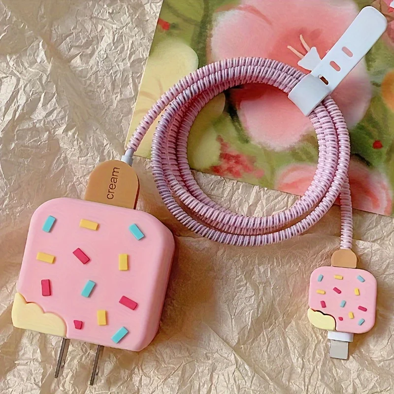 Cute Ice Cream Charger Cover for iPhone 17 16 15 14 13 18W 20W Adapter Protective Case with Cable Winder Accessories