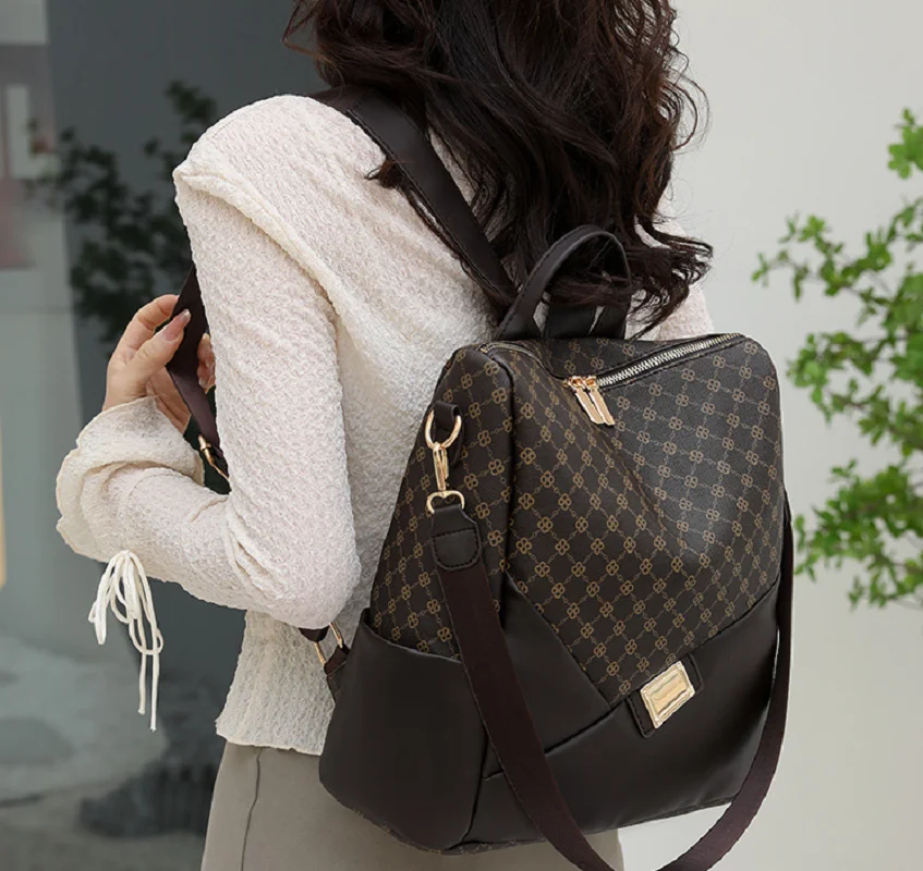 

New Women Fashion Vintage Designer Double Zipper Shoulder Bags School Bag Totes Printing Large Capacity Leather Travel Backpack