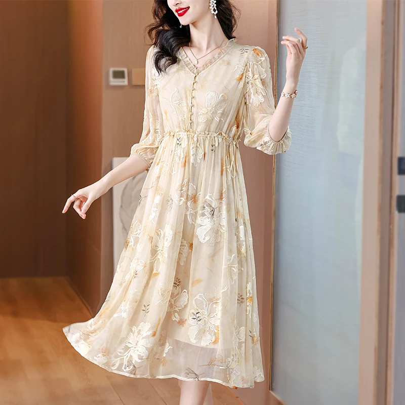 2024 Summer High end Mulberry Silk V-neck Embroidered Dress with Silk Charm Medium to Long Light Luxury A-line Long Dress