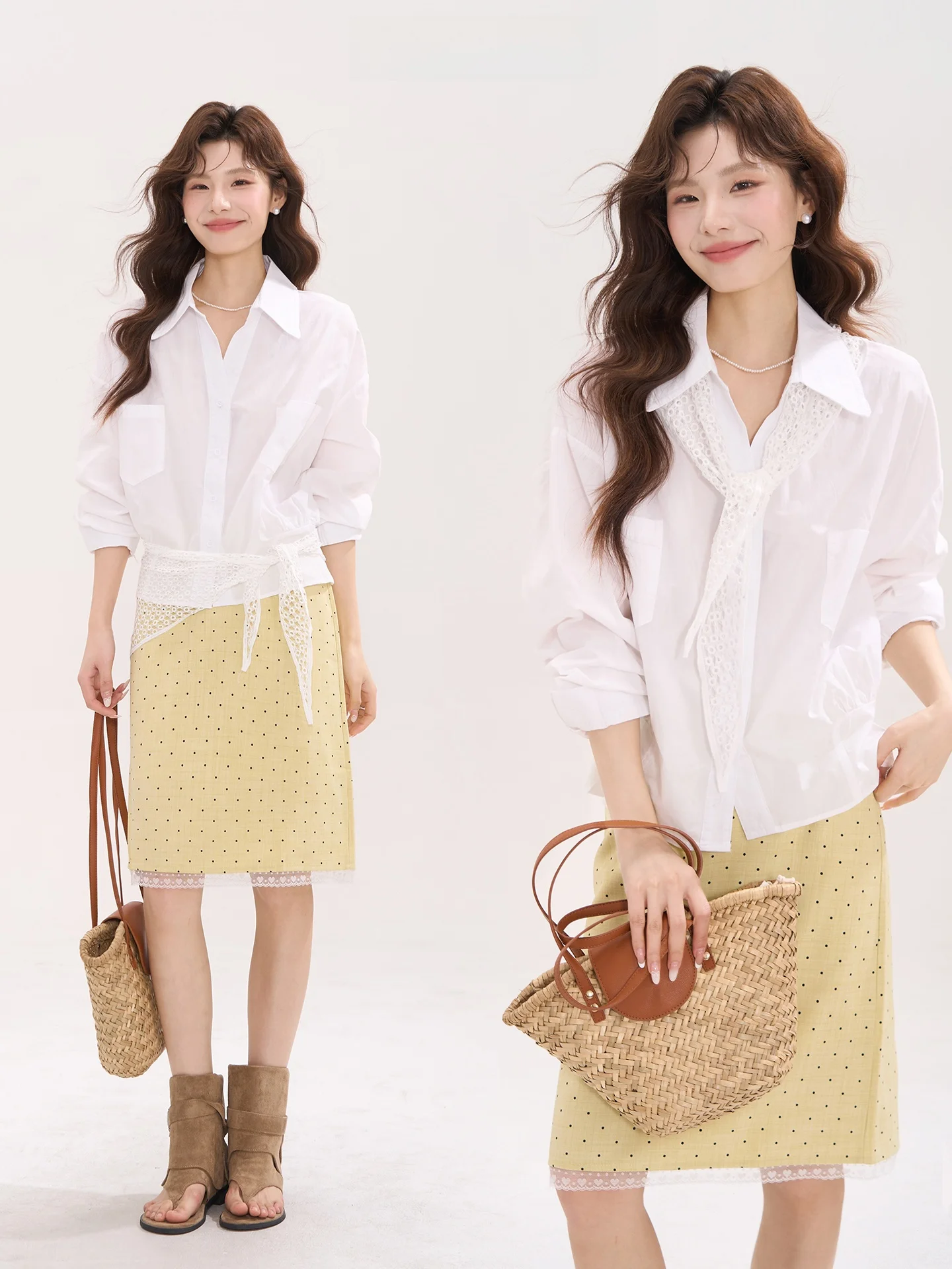 

Elegant Lace Shoulder Shawl Long Sleeve Women's Shirt Commute Style Spring Cotton Blend Comfortable Fit Business Casual Top