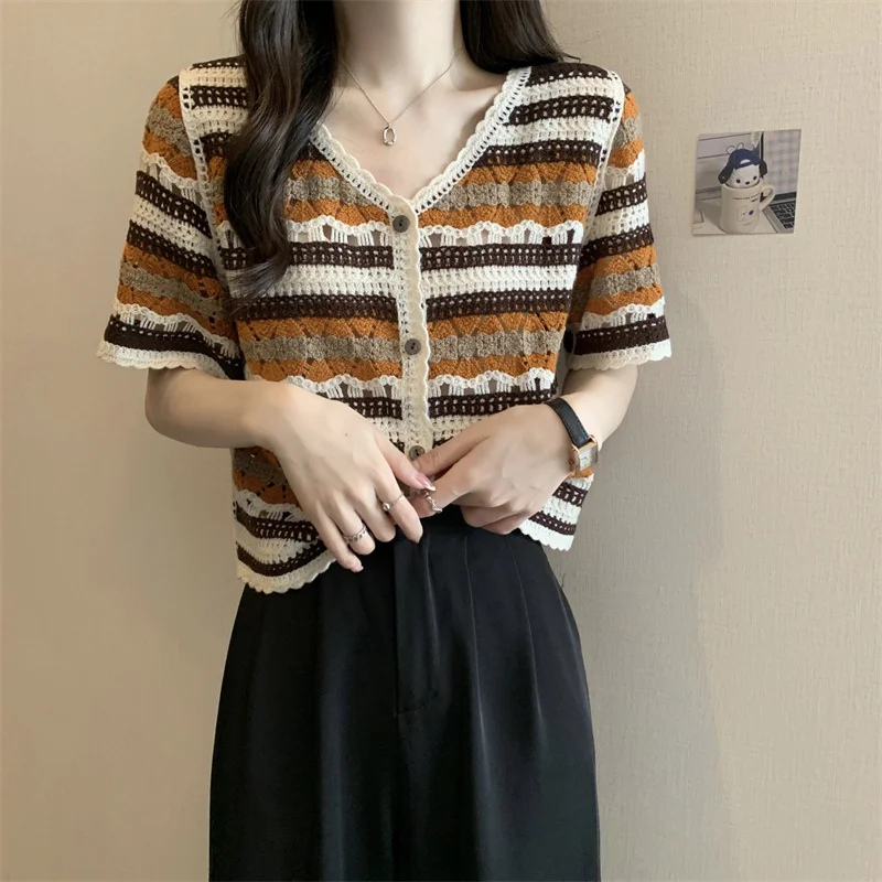 Women Crochet Knit Top Short Sleeve V-Neck Button Up Embroidery Striped Blouse Cardigan Summer Fairycore Cottagecore Outfit