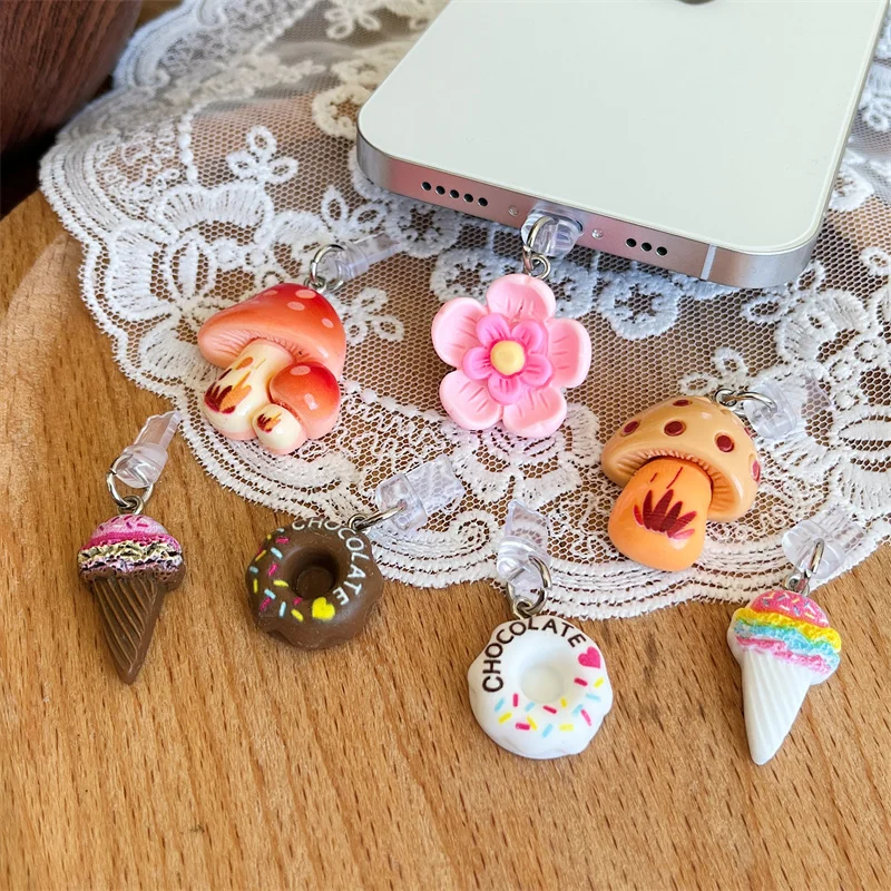 1pc Korea Cute Pink Flower Donut For Phone Anti Dust Cap Charge Port Plug For iPhone Type C Dust Protection Stopper Accessories