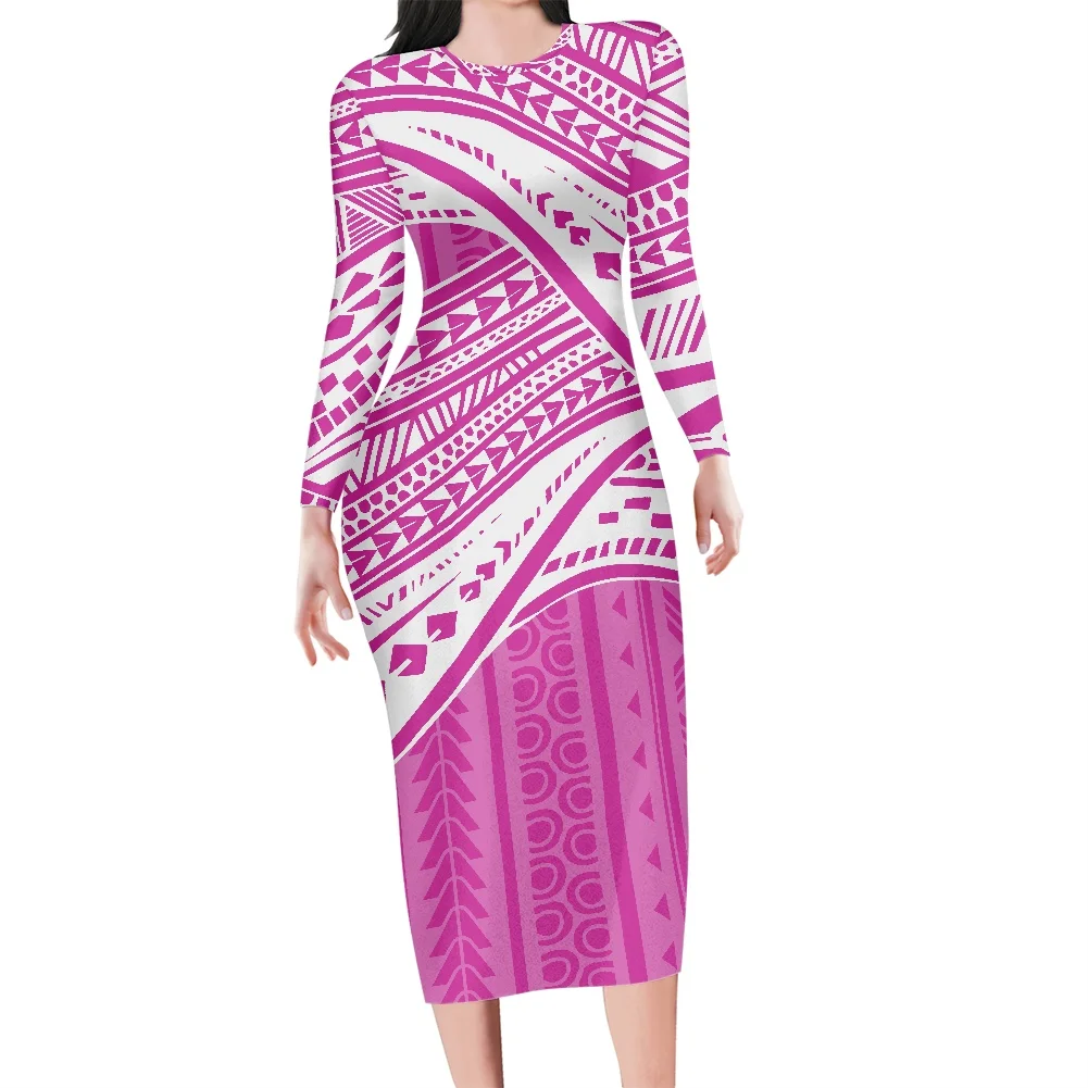 HYCOOL Summer Casual Chiffon Hot Pink Dress Women Polynesian Tribal Long Sleeve Maxi Dress Fashion 7XL Bodycon Dresses For Women