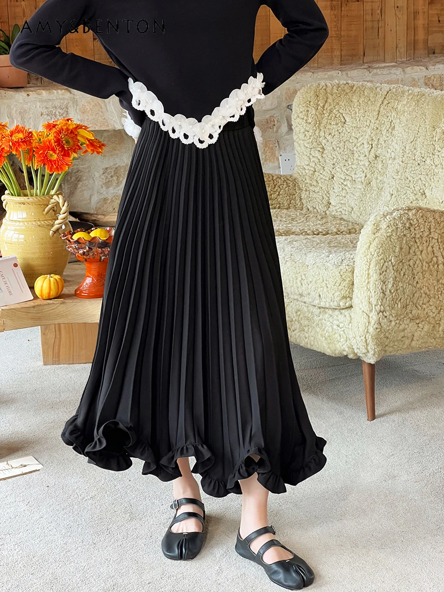 

Fashion Elegant Pleated Skirt Women Autumn New All Match Black High Waist Slimming Midi Skirt Office Lady Graceful A-line Skirts