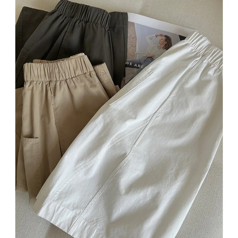 

Женские потертые шорты-карго с полным подолом, новые летние широкие брюки с высокой талией, утягивающие брюки из чистого хлопка с пятью точками