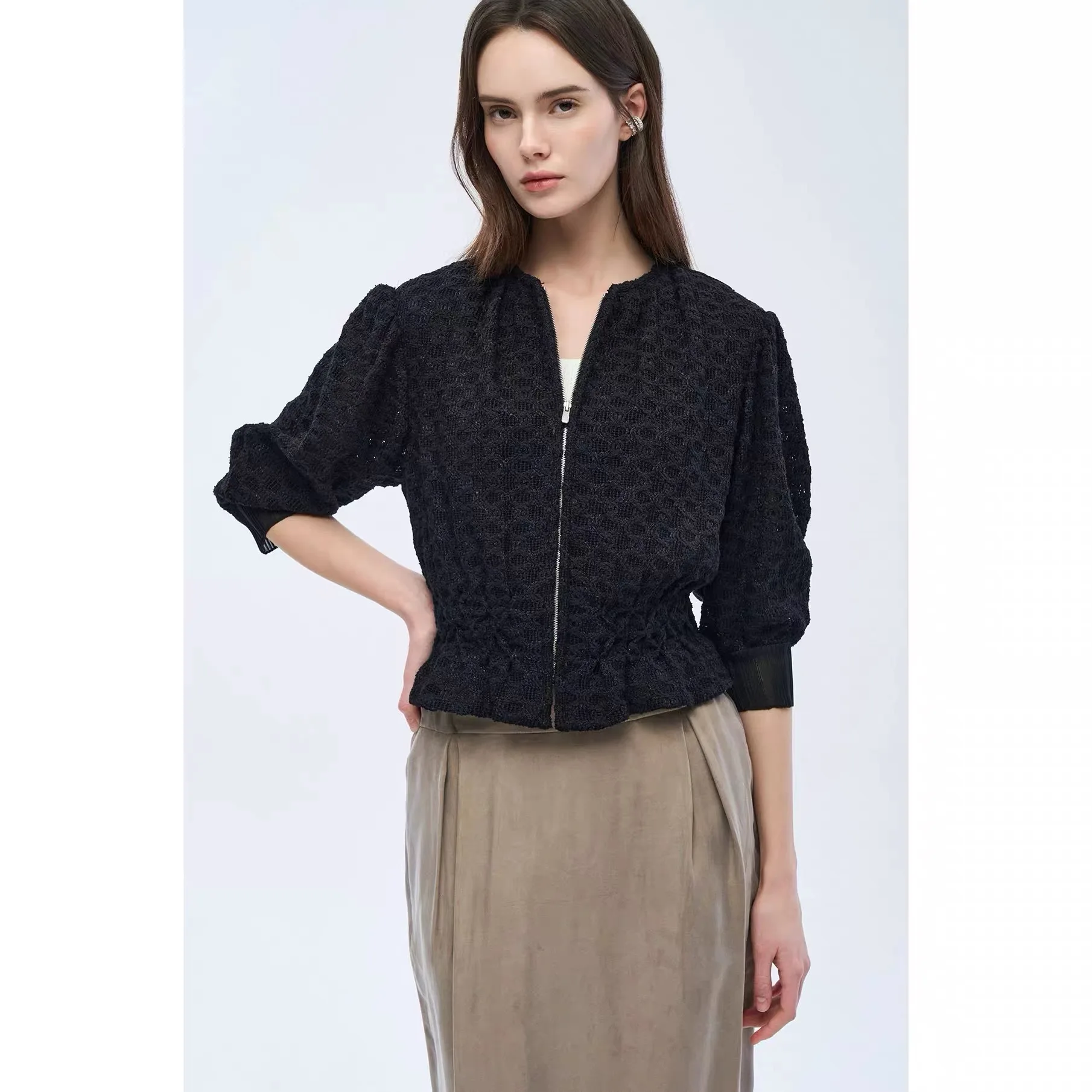 

OBZ26 Spring Lemon Cheese Short Coat round Neck Commute Style Slim Fit Lightweight Sleeveless Women's Knitted Jacket