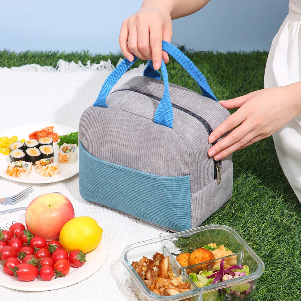 New Corduroy Thermal Insulation Bag Color Matching Thickened Waterproof Portable Bento Ice Bag Lunch Lunch Box Bag