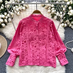 Chic Long Lantern Sleeve Casual Slim Single Breasted Basics Hollow Out Lace High Street Office Lady Vintage Spring Summer Blouse