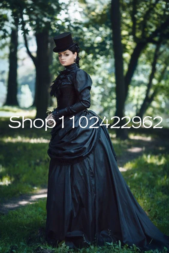 Black Art Gothic Victorian Evening Dresses with Long Sleeve Ruffles Pleated  High neck Bustle Corset Halloween Prom Gown