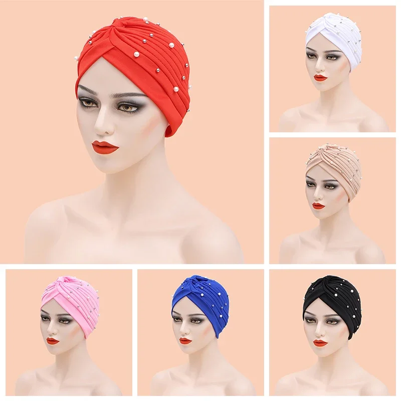 India Hat Hijabs Cap African Headwrap Ladies Head Wraps Women Beaded Turban Bonnet Soild Color Cotton Turban Hat Inner Hijab Cap