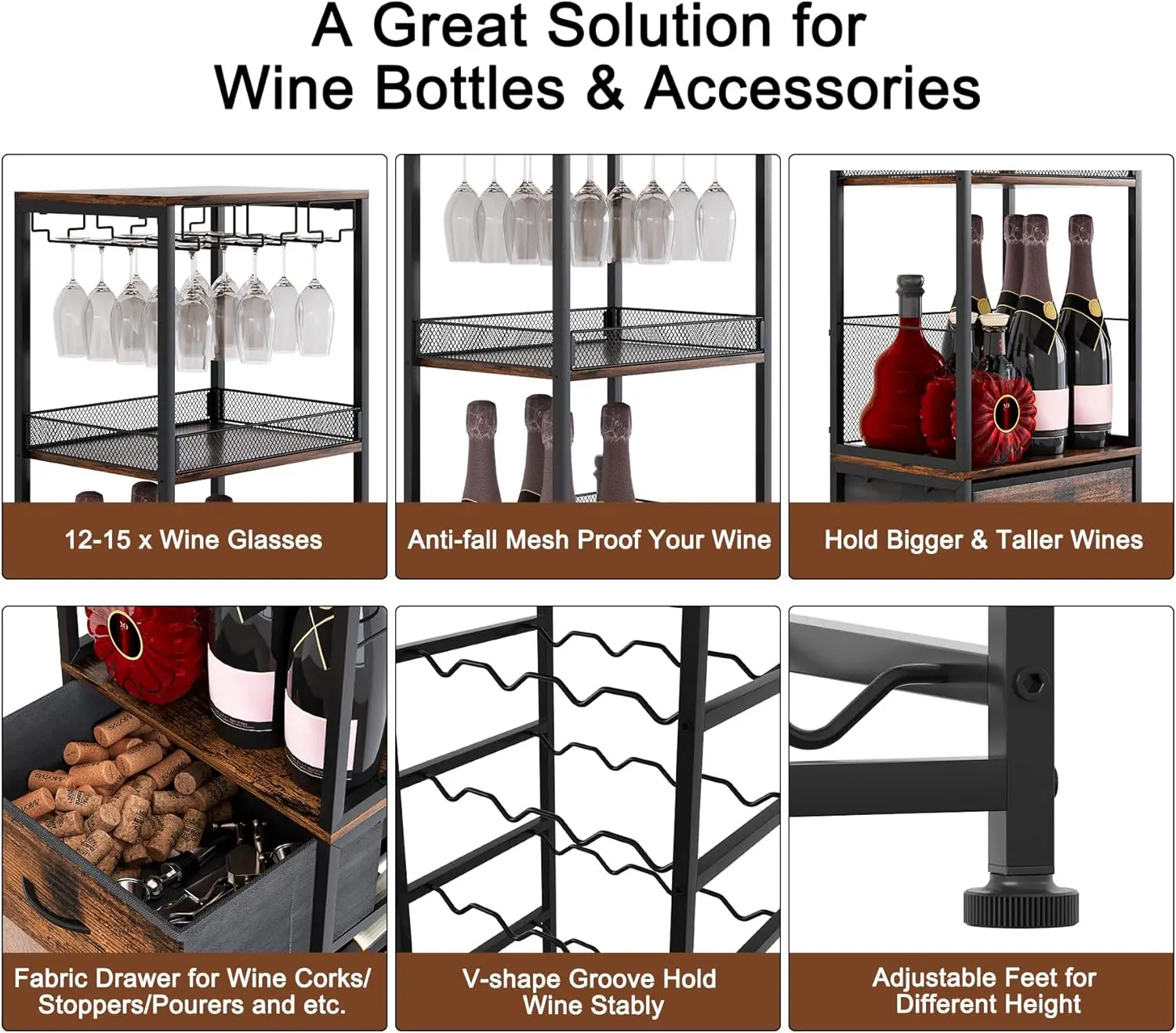 رف النبيذ المعياري القائم بذاته مع أقدام قابلة للتعديل وحامل زجاجي ودرج - يحمل 40 زجاجة لعرض شريط المنزل #5