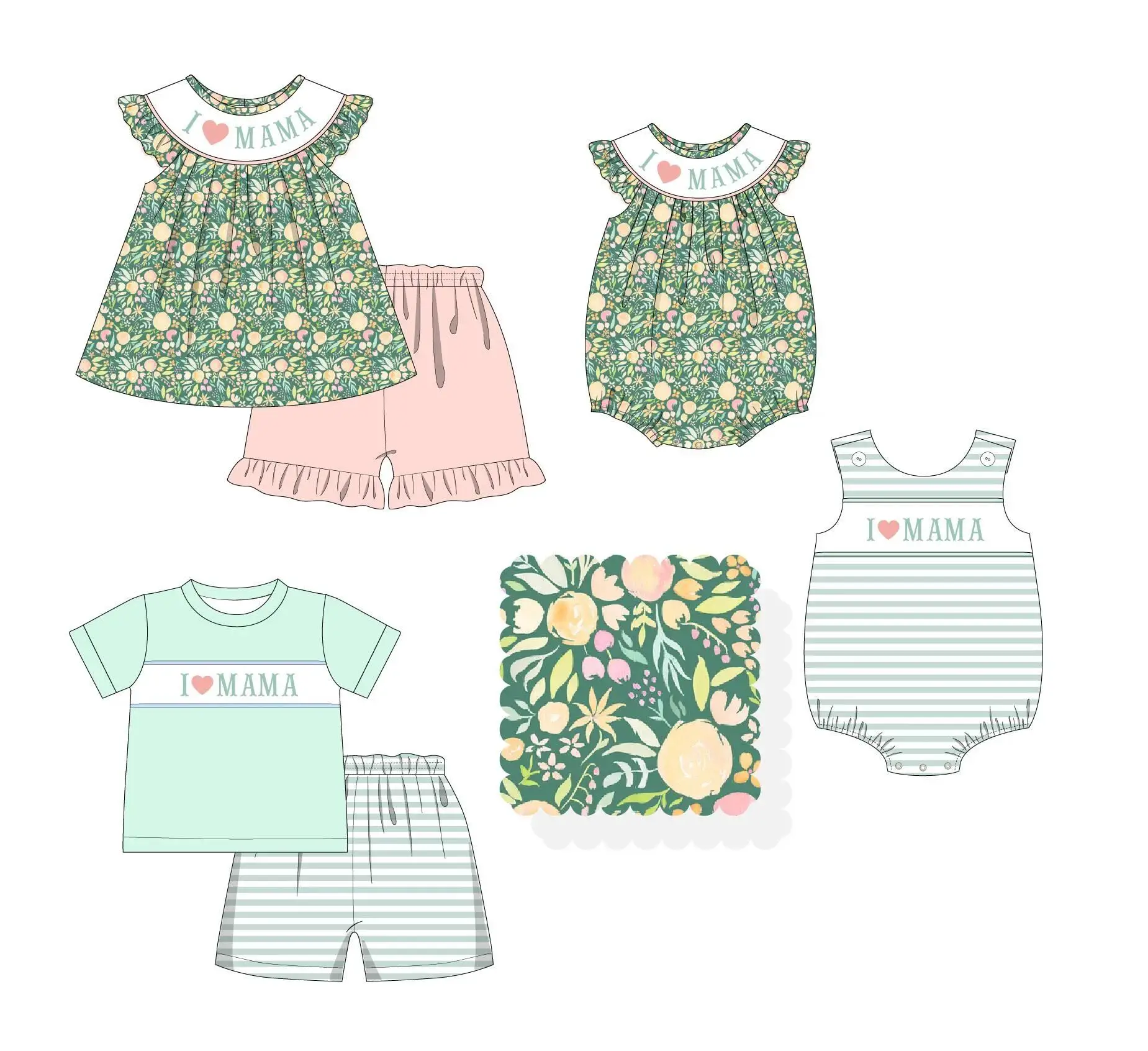 Boutique Children's Set Pearl Letters Custom Printed Small Floral Print Shorts Lace Girls Boys Striped Shorts Set Baby Romper