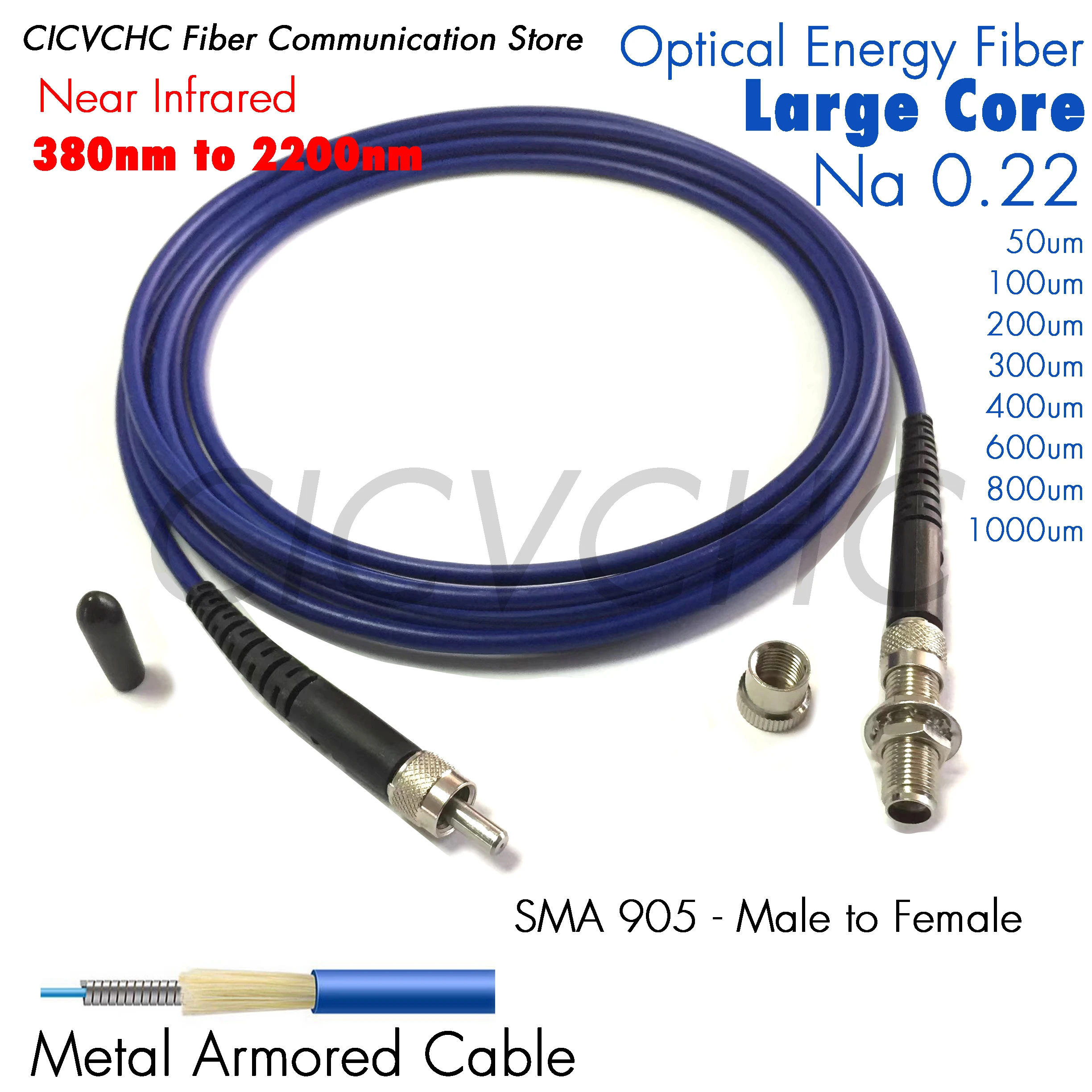 

SMA905-Male to Female Energy Quartz Medical Fiber Optic 100 to 1000um Large Core Near Infrared Light 400-2500nm Na0.22 Extend