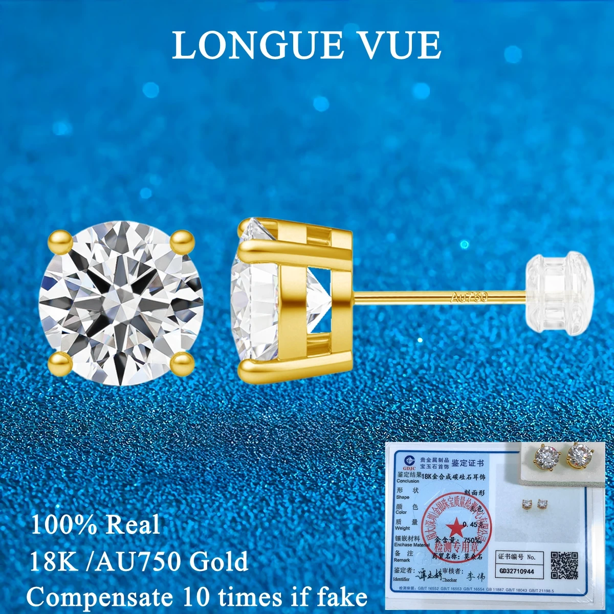 

18K Gold D Color Moissanite Stud Earrings Hypoallergenic Round Lab Grown Diamond Ear Studs For Women Man Simple High-end Jewelry