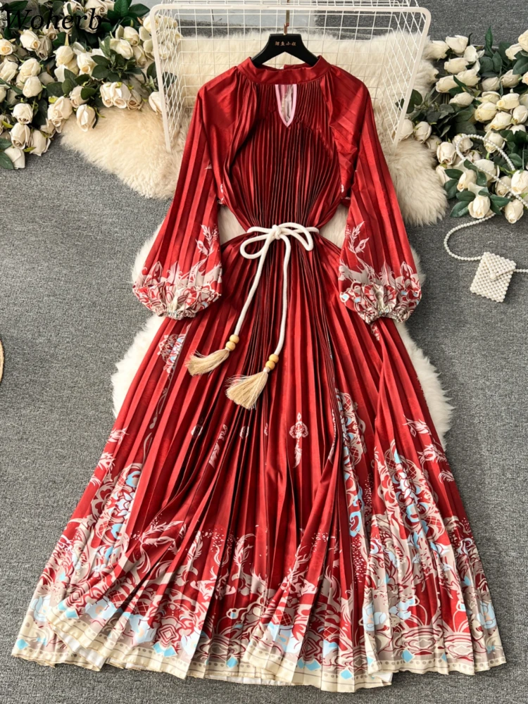 Korean Party Maxi Dresses for Women Temperament Printing Robe Femme 2024 Vestidos De Mujer Pleated Chic Bandage Vintage Dress Wj