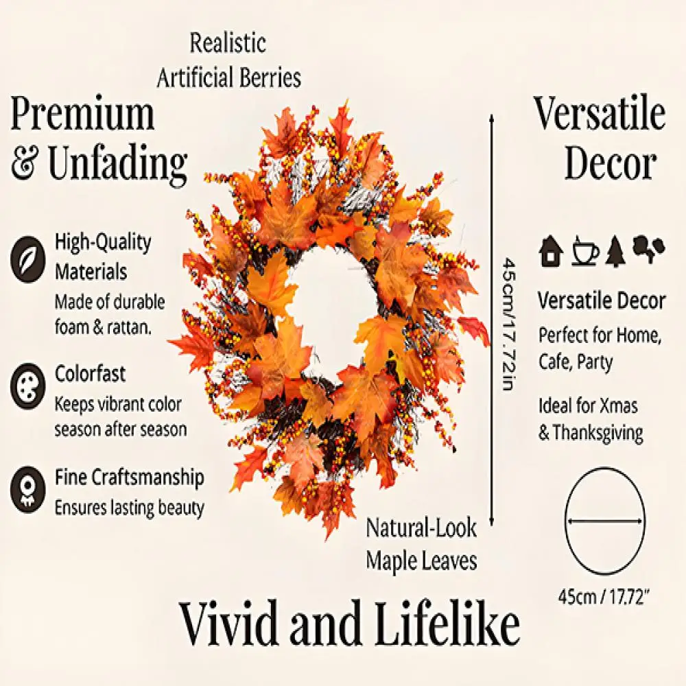 

45CM Fall Door Wreath Autumn Color Maple Leaf Halloween Christmas Decor Garland Autumns Harvest Holiday Decoration