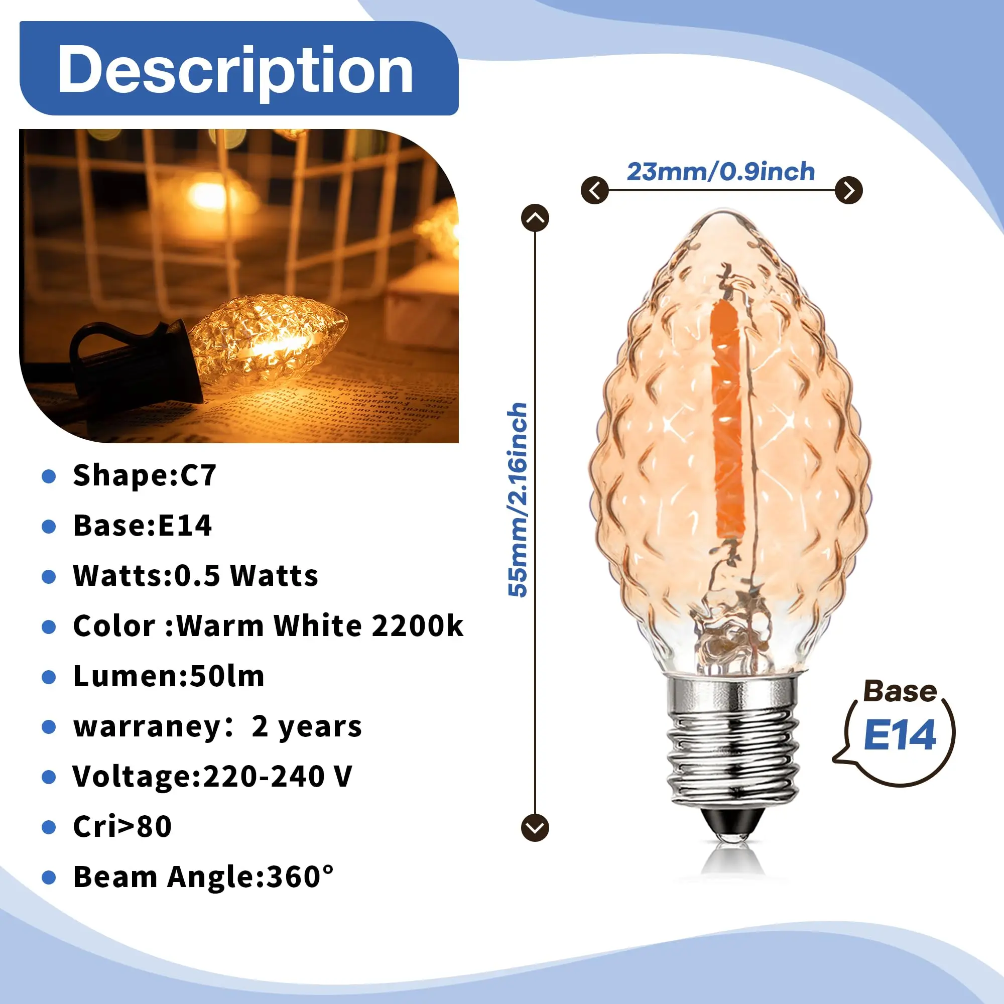 Candle C7 Led Bulb T20 T22 Tubular Mini Night Light E12 E14 Lamp Base Dimmable Edison Filament Bulb Chandelier Replacement Bulbs