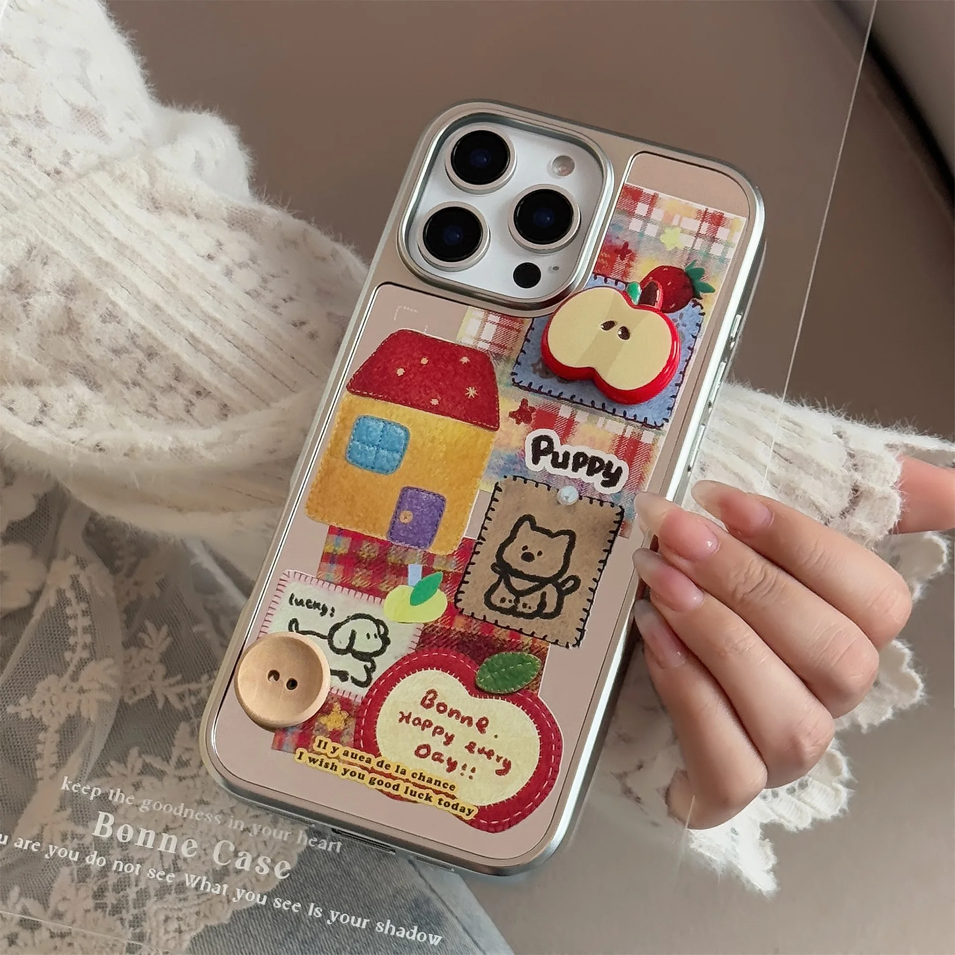 Korean 3D Apple Button Cartoon Puppy Mirror Phone Case For iPhone 17 Air 16 15 14 13 12 Pro Max With Chain Shockproof Hard Cover view 3