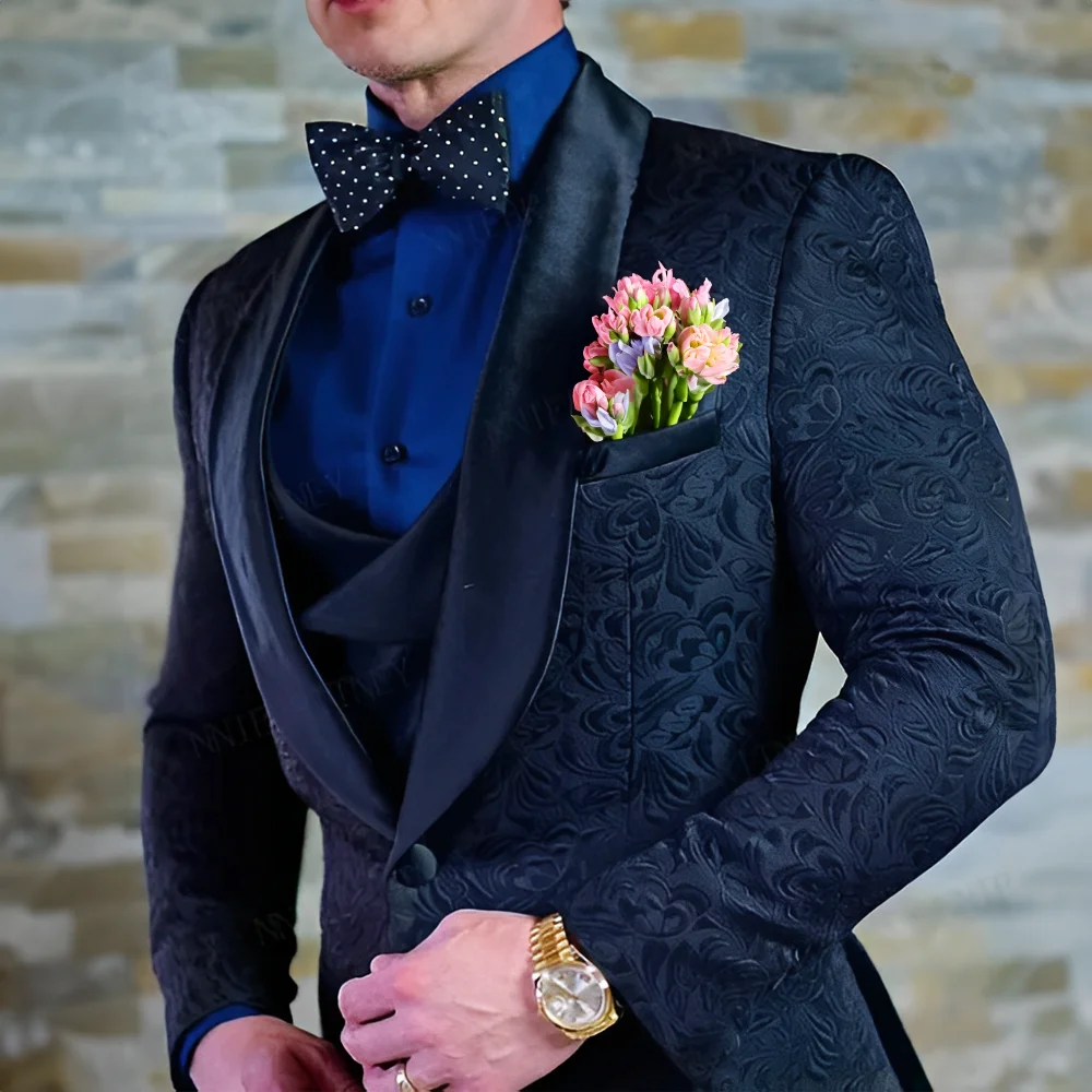 

Navy blue Men's Suit Jacquard Jacket Pants Vest 3-piece Set Formal Wedding Groom's Tuxedo Fashion 2024 Blazer Elegant Men Suit