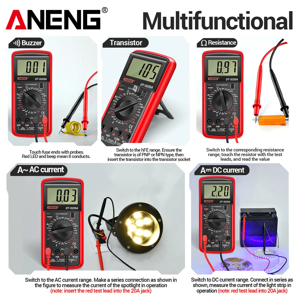 Digital Professional Multimeter ANENG DT9205A 1999 Counts True RMS AC/DC Transistor  Voltage Tester Auto Range Multimetro Tool view 6